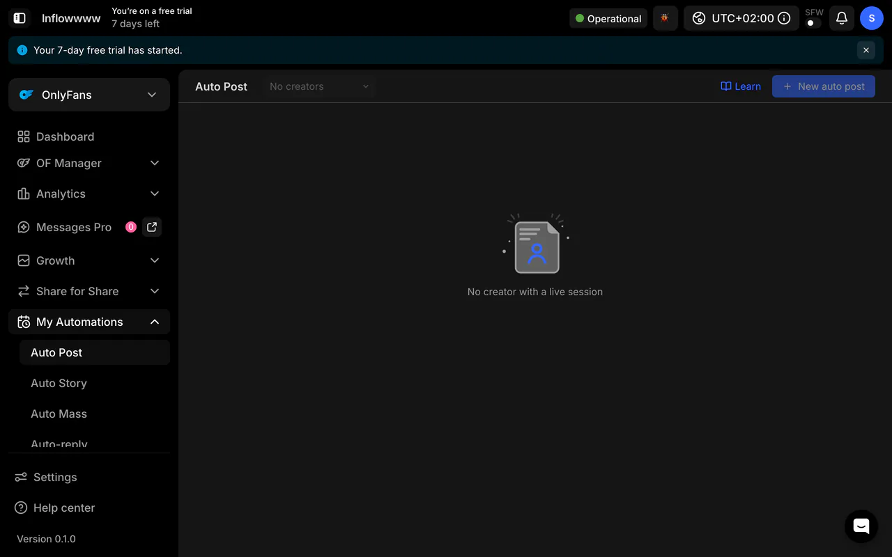 Auto Post screen with a New auto post button, no creator with a live session yet