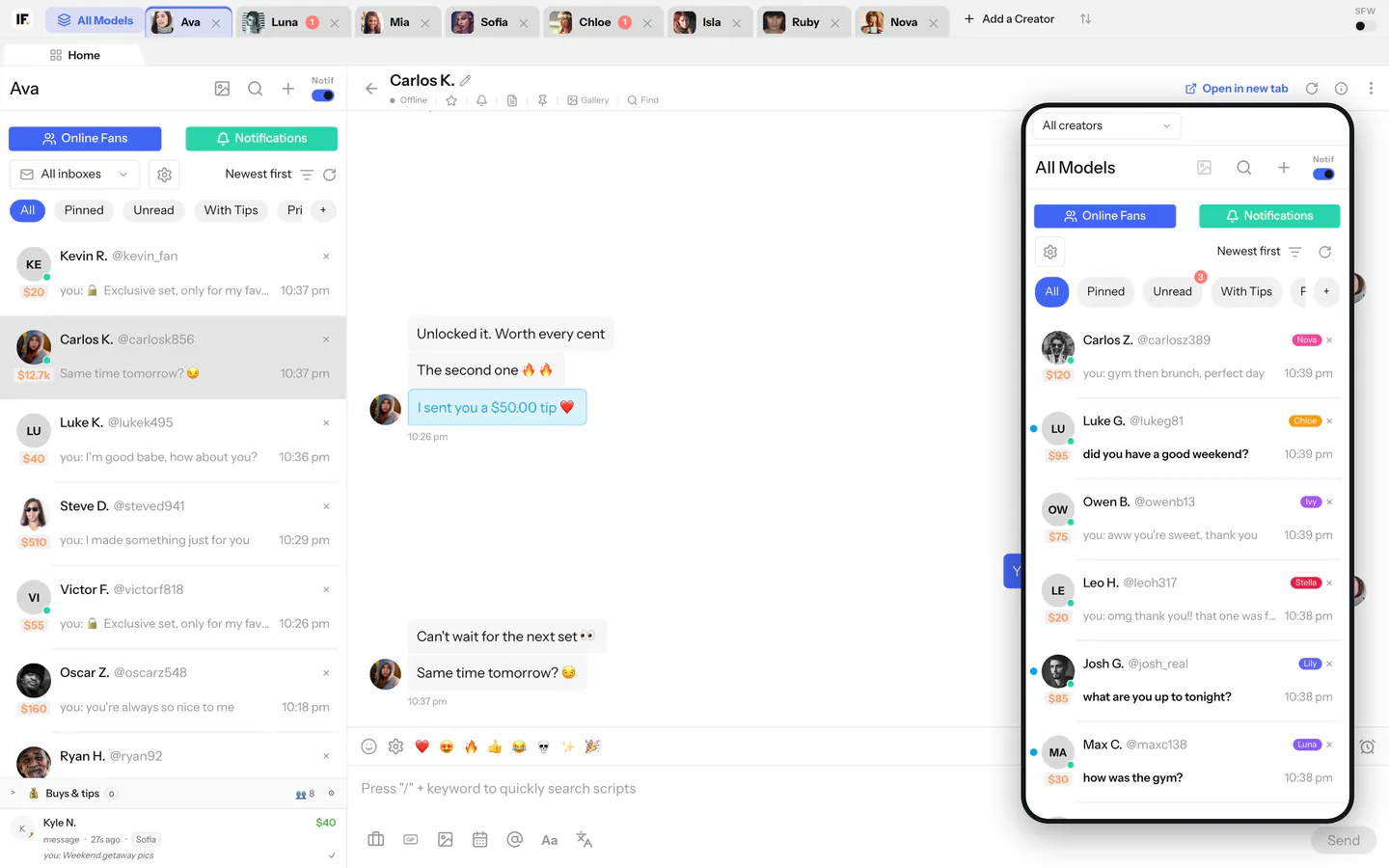 Messages Pro on desktop and phone: a fan chat list and an open thread with an image and a PPV