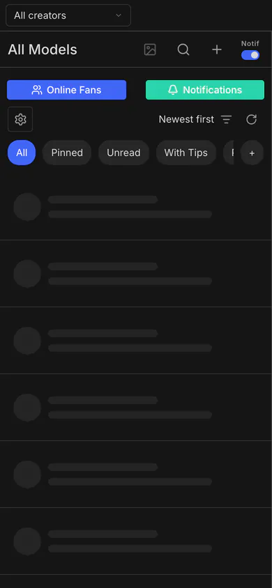 Messages Pro chat list on a phone, fresh install: no creator connected, so no chats yet