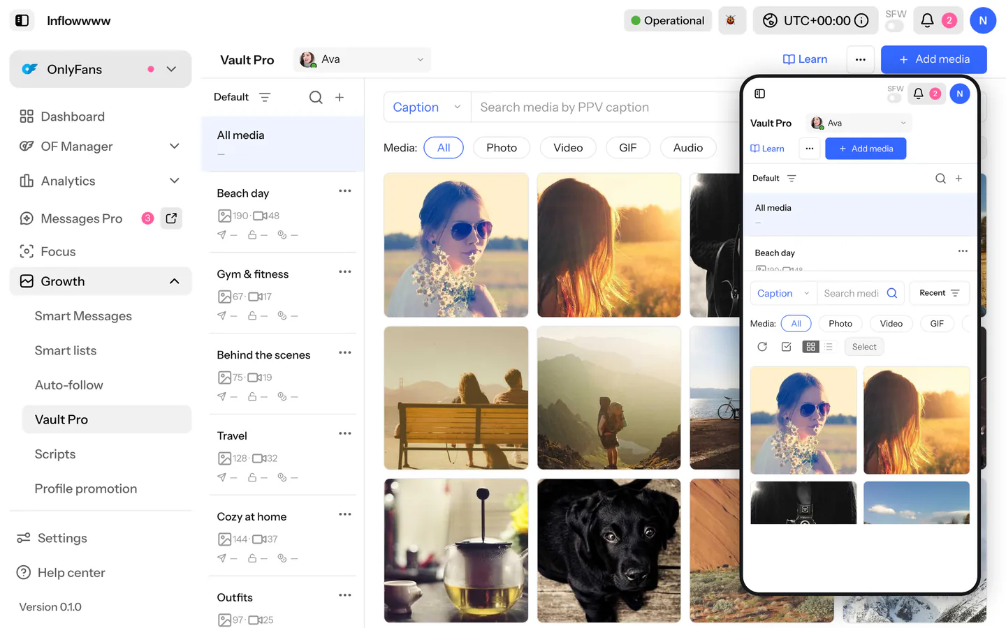 Vault Pro on desktop and phone: a grid of media thumbnails sorted into folders