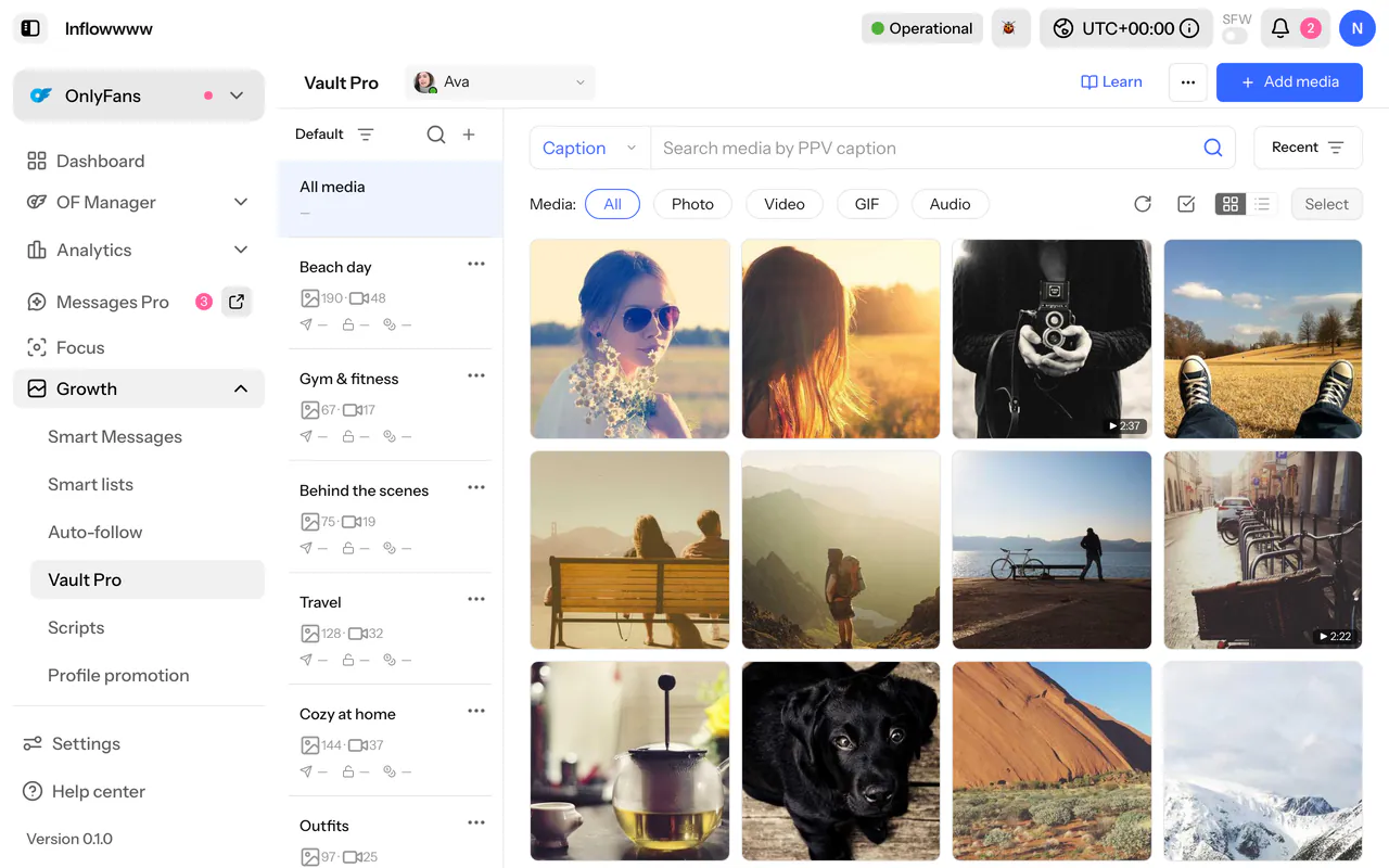 Vault Pro with a grid of media thumbnails and a folder list
